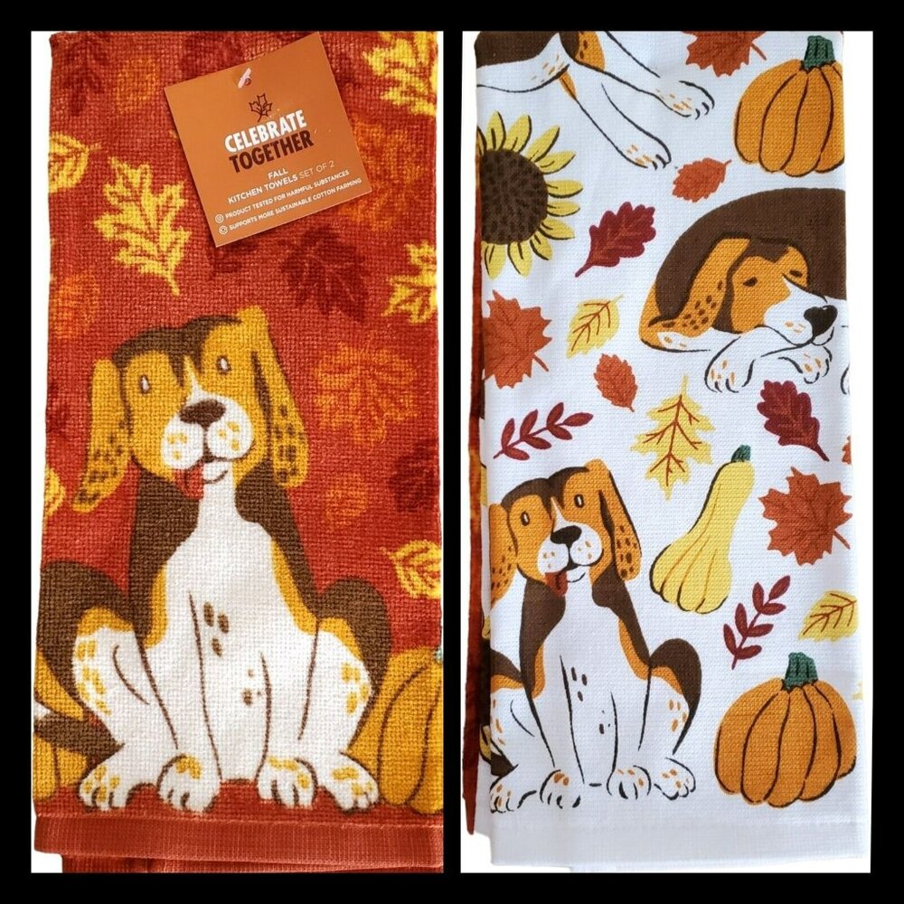 New Fall Dog Kitchen Towel Set 2-Pack Puppy Beagle Autumn Leaves Pumpkins Gourds